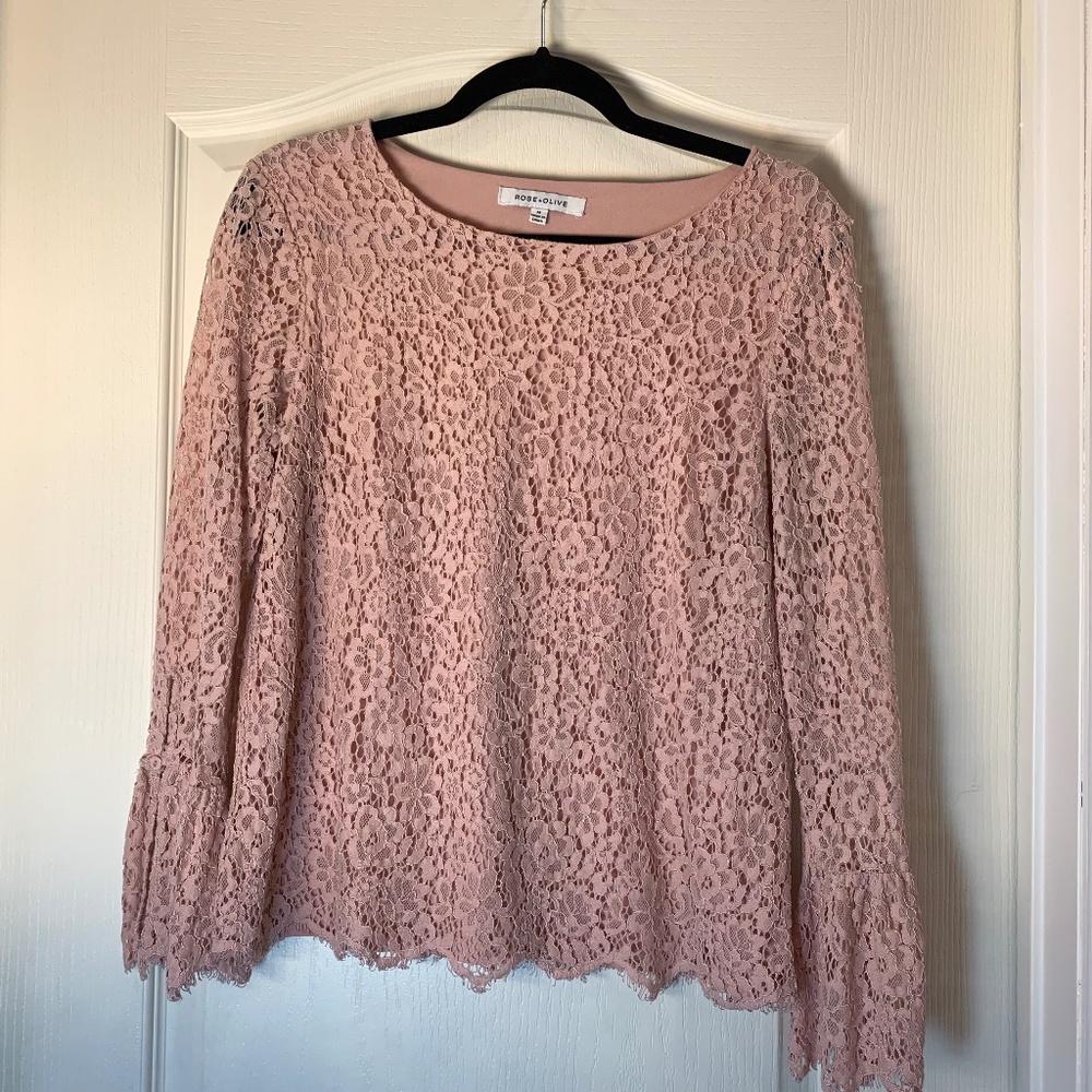 Rose & Olive Pink Lace Long Sleeve Top ( M )Romantic Coquette Style Feminine